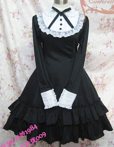 Long Sleeves Bow Cotton Lolita Dress Black Size XXL - In Stock