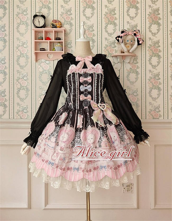 Alice Girl ~The Kitty's Tea Party Sweet Lolita OP/Salopette -Pre-order Pink Size S - In Stock