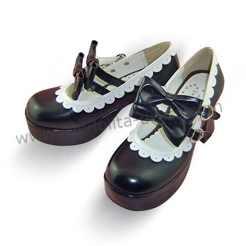 Black High Heels Lolita Shoes White Trim