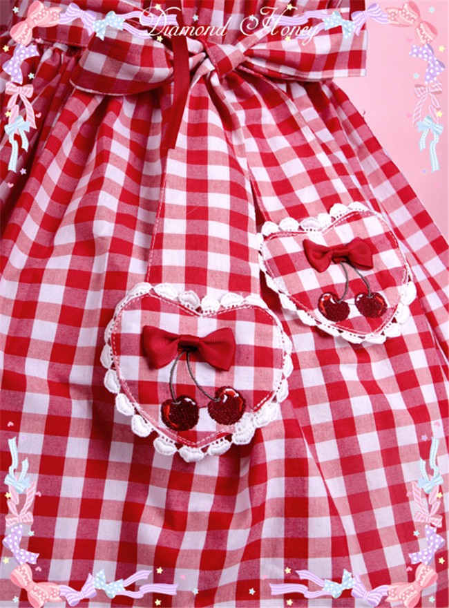 Diamond Honey -Miss Cherry- Red Gingham Hearts Embroidery Lolita