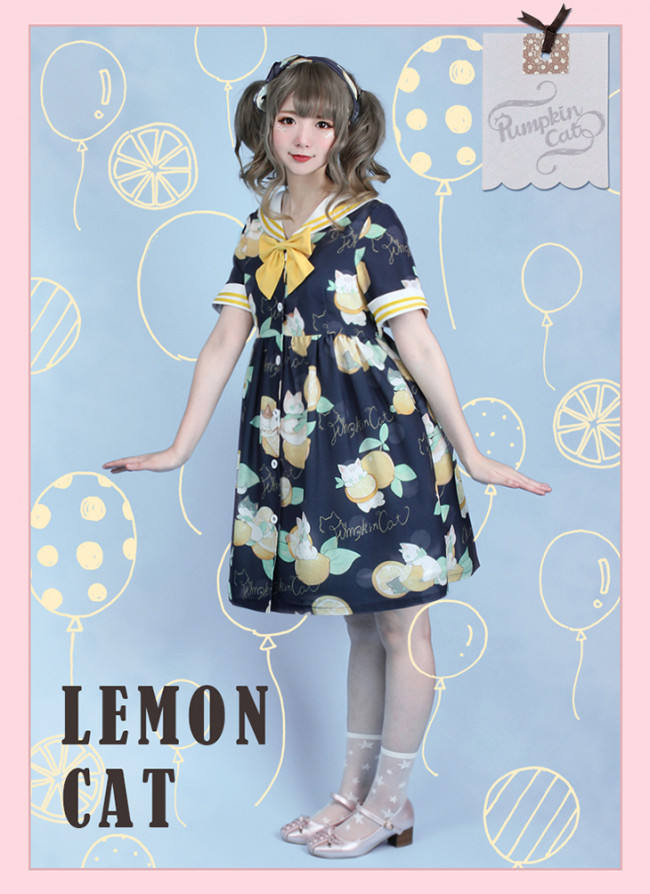 Lemon Cat~ Sweet Lolita Short Sleeves OP -out