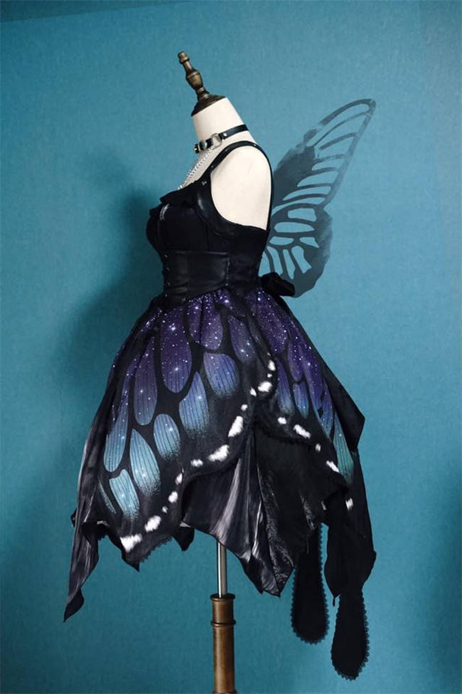 Butterfly Effect ~Punk Halloween Lolita High Waist JSK - Blue Green Short Version Size S - In Stock