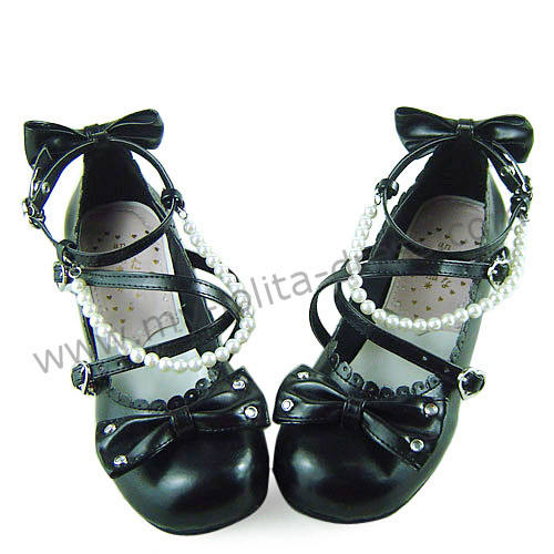 Sweet Black Beads Bows Lolita Shoes Flats Tea Party Heels