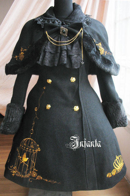 Winter Black Lolita Jacket with Golden Bird Cage Embroidery & Cape Out