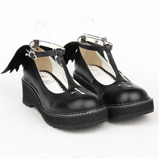 Angelic Imprint- Sweet T-shaped Straps Lolita High Platform Shoes with Detachable Angel Wings