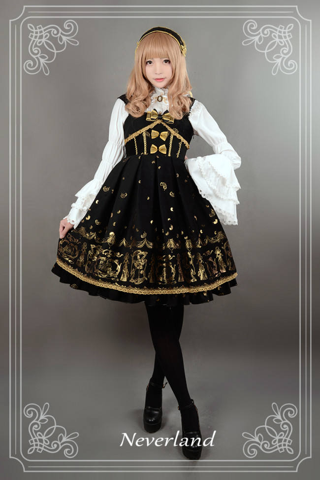 Neverland Lolita ~Golden Swan Lake~ Gold Stamping Thick Lolita JSK Black M - In Stock