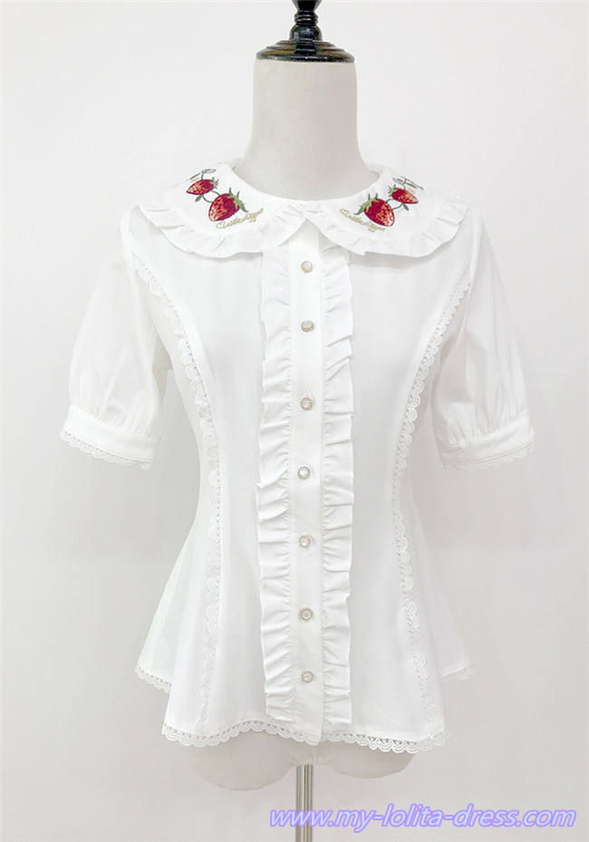 A Small Strawberry~Embroidered Short Sleeves Lolita Blouse -Ready made