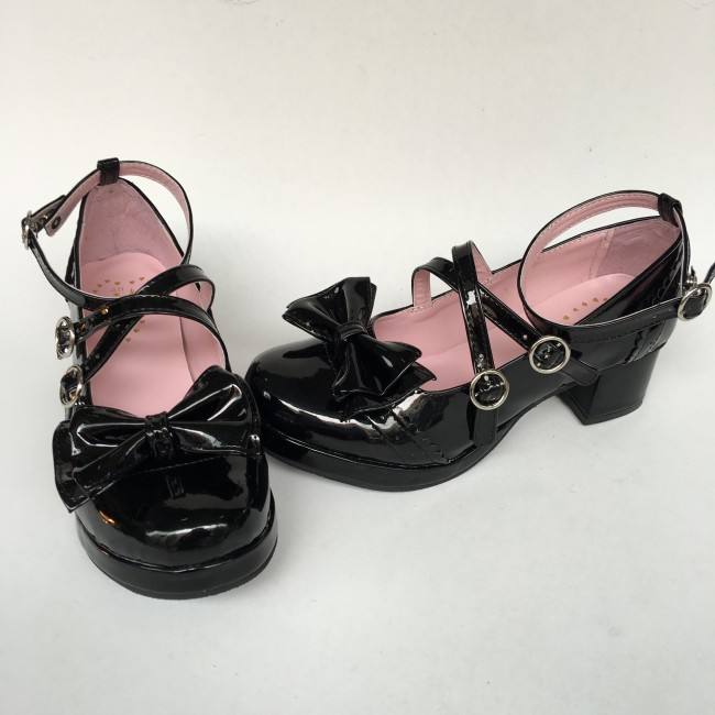 Black Bows Crossed Straps Matte Lolita Shoes Classic
