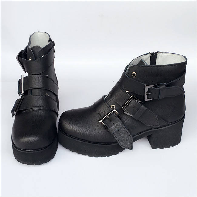 Matte Black Buckles Lolita Short Boots