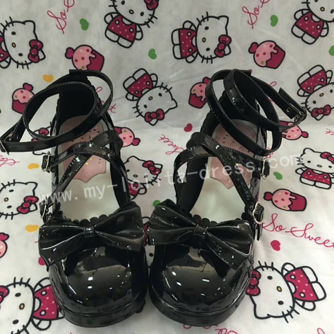 Sweet Glossy Black Lolita Heels Shoes with Bowknots