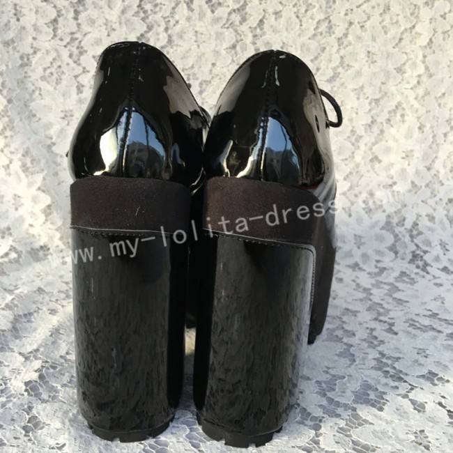 Glossy Black Lolita Square Heels High Platform