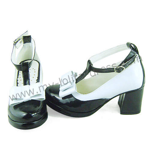 Black White T-Strap Shiny Lolita Shoes
