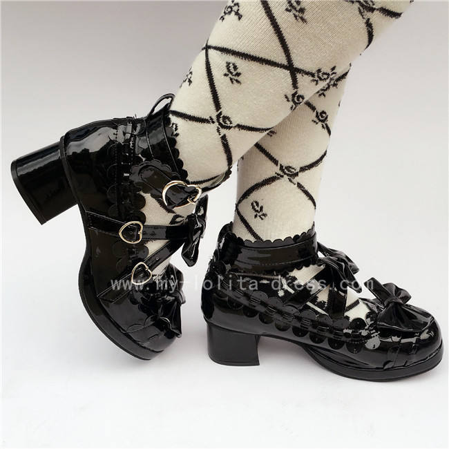 Sweet Black White Lolita Square Heels Shoes