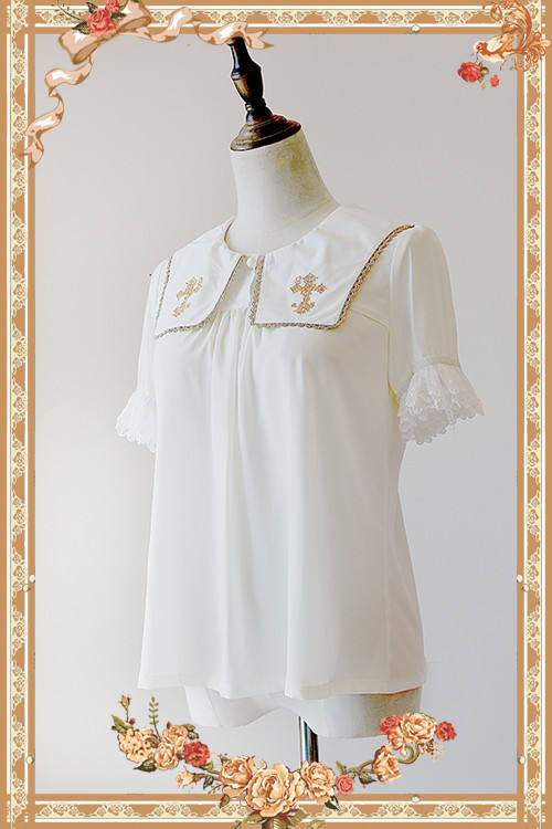 Cross~ High Density Chiffon Square Collar Short Sleeves Lolita Blouse