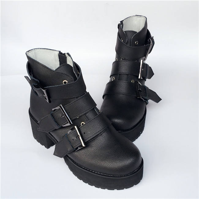 Matte Black Buckles Lolita Short Boots