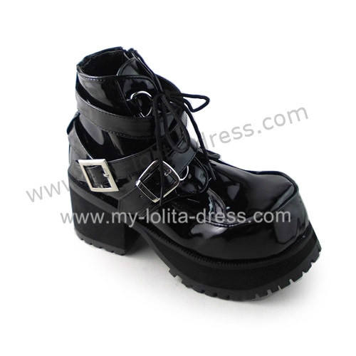 Glossy Black Gothic Punk Belts Lolita Shoes