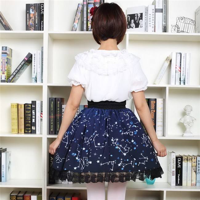 Sweet Dark Blue Constellation Printed Lolita Pleated Skirt