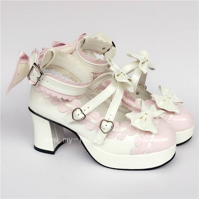 White Pink Square Heel Lolita Footwear