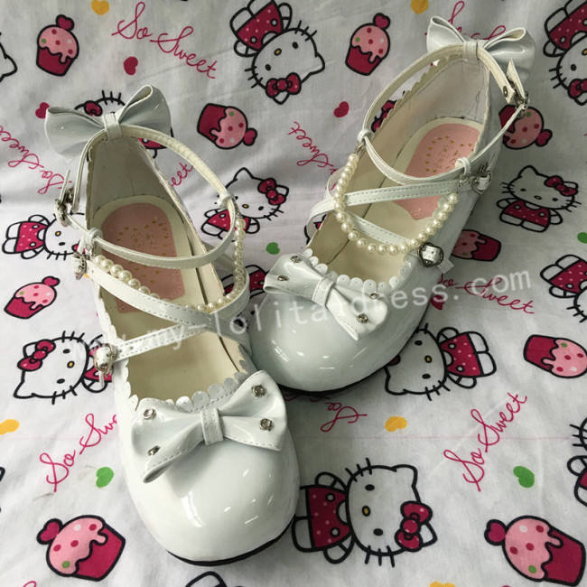 Sweet Black Beads Bows Lolita Shoes Flats Tea Party Heels