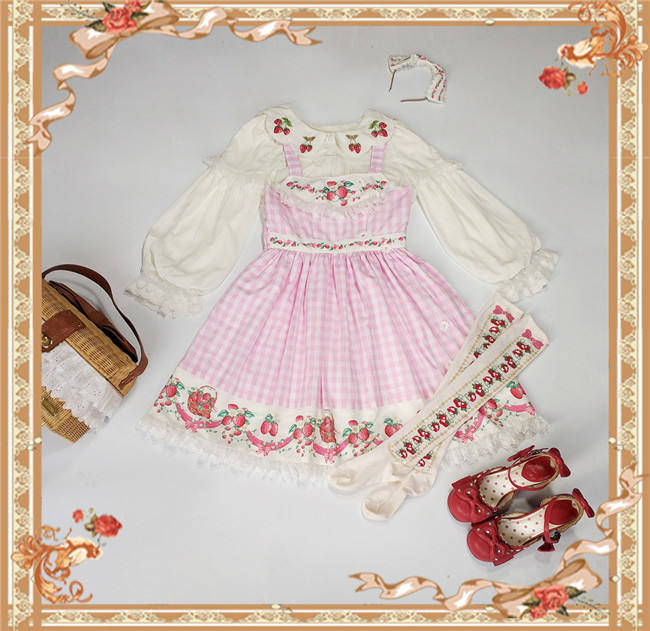 Strawberry Gingham Pure Cotton Lolita JSK Dress +Headbow