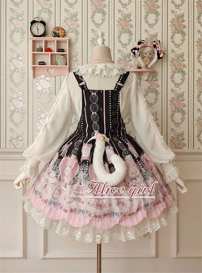 Alice Girl ~The Kitty's Tea Party Sweet Lolita OP/Salopette -Pre-order Pink Size S - In Stock