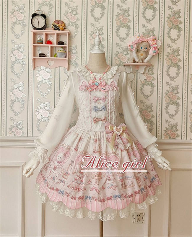 Alice Girl ~The Kitty's Tea Party Sweet Lolita OP/Salopette -Pre-order Pink Size S - In Stock