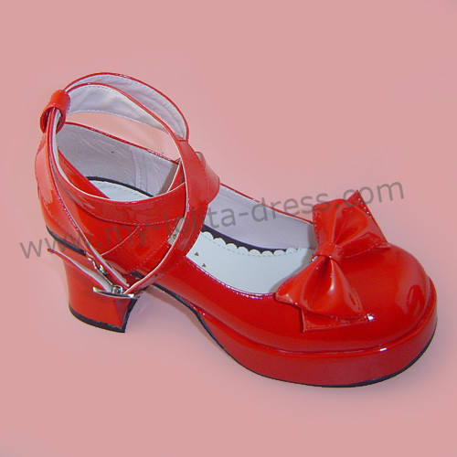 Wine Red 3 Straps Bow Lolita Shoes