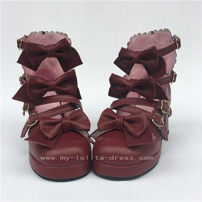 Sweet Wine Lolita Square Heels Shoes with Bowknots