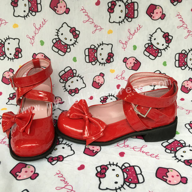 Wine Red 3 Straps Bow Lolita Shoes