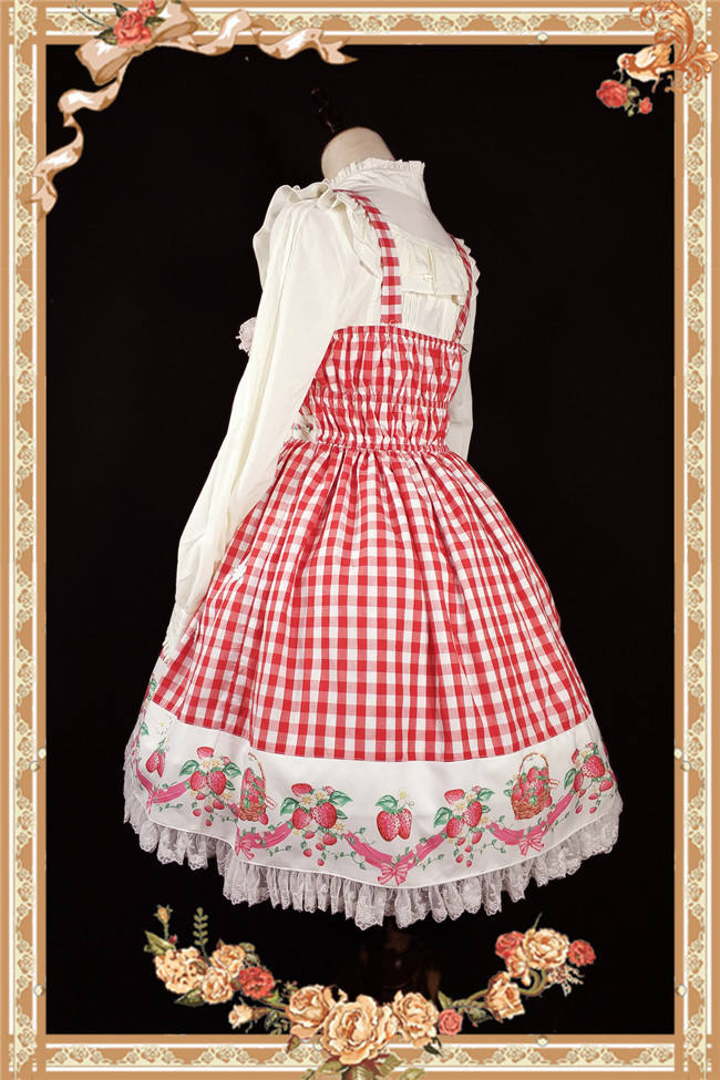 Strawberry Gingham Pure Cotton Lolita JSK Dress +Headbow