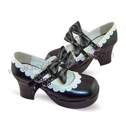 Black High Heels Lolita Shoes White Trim
