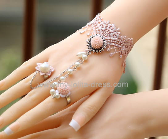 Sweet Pink Beads Lace Lolita Bracelet and Rings Set-OUT