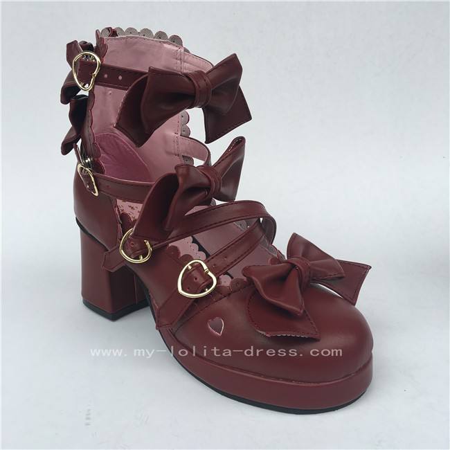 Sweet Wine Lolita Square Heels Shoes with Bowknots