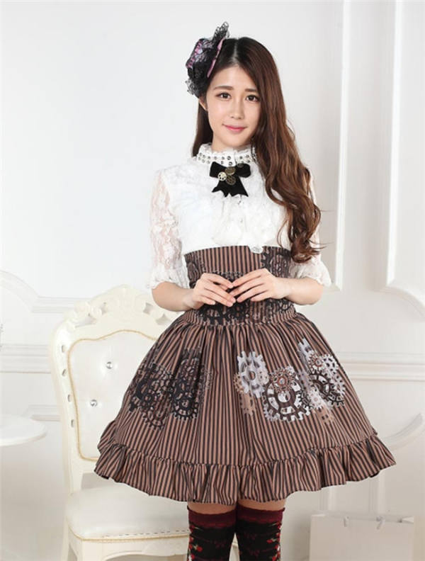 Steampunk High Waist Black& White Gear Lolita Skirt
