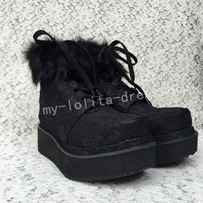 Gothic Black Velvet Lolita Short Boots with Lace and Furs