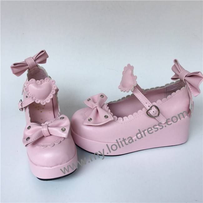 Sweet Glossy Pink Hearts bows High Platform Shoes