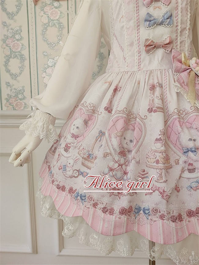 Alice Girl ~The Kitty's Tea Party Sweet Lolita OP/Salopette -Pre-order Pink Size S - In Stock