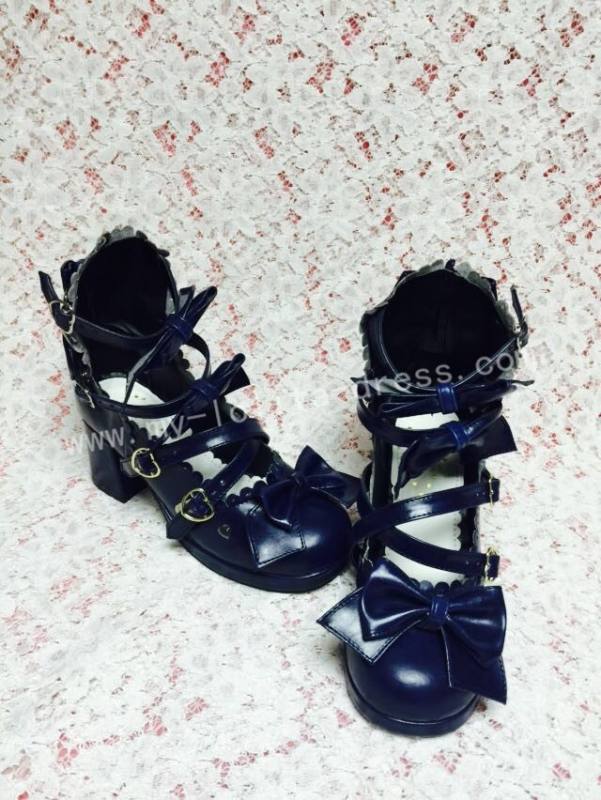 Sweet Wine Lolita Square Heels Shoes with Bowknots