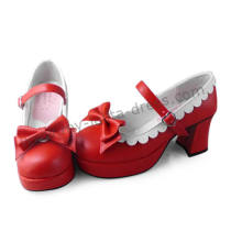 Red Lolita Shoes White Trim and Bows
