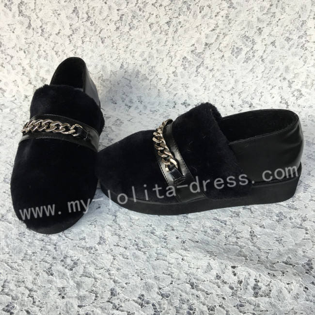 Sweet Matte Black Imitate Furs Lolita Shoes