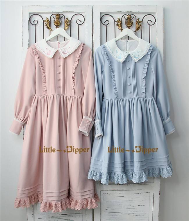 Little Dipper  ~Cat + Moon + Stars~ Embroidery Lolita Long Sleeves OP Dress - Ready Made