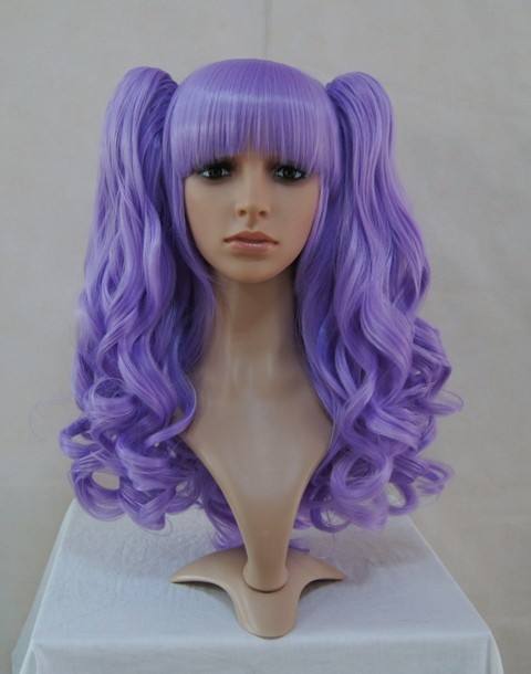 Bright Purple Long Curly Lolita Wig with 2 Removable Ponytails