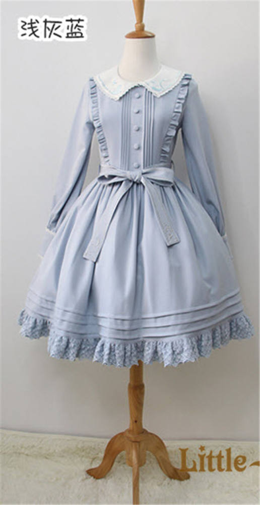Little Dipper  ~Cat + Moon + Stars~ Embroidery Lolita Long Sleeves OP Dress - In Stock