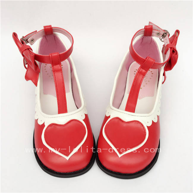 White Black Heart Side Bow Lolita Shoes