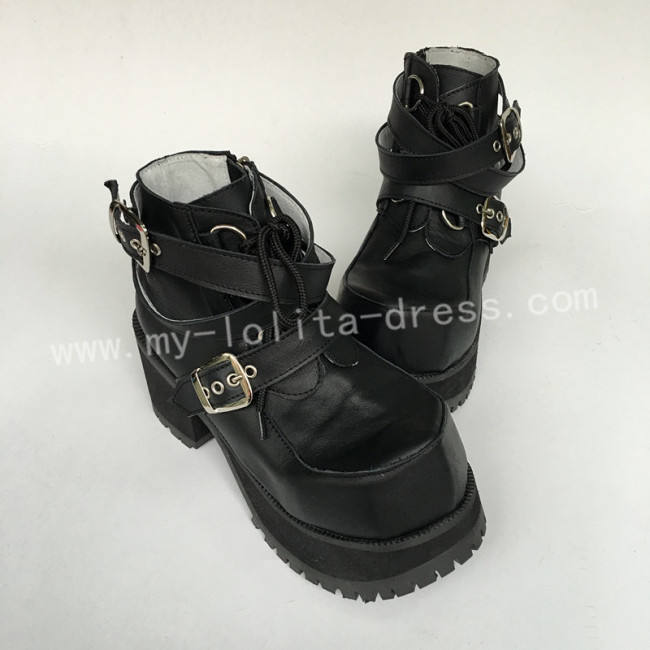 Glossy Black Gothic Punk Belts Lolita Shoes