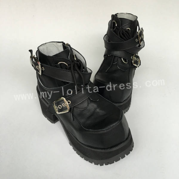Glossy Black Gothic Punk Belts Lolita Shoes