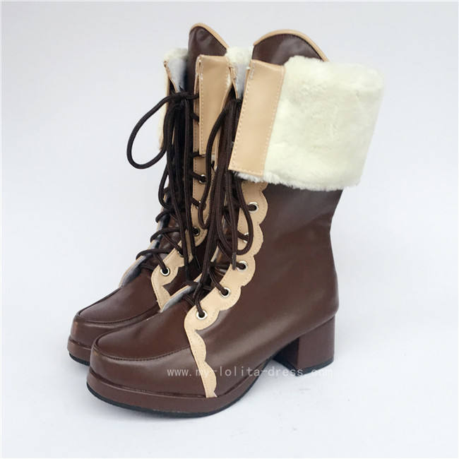 Sweet Pearl Pink Lolita Winter Mid-calf Boots with Beige Lace