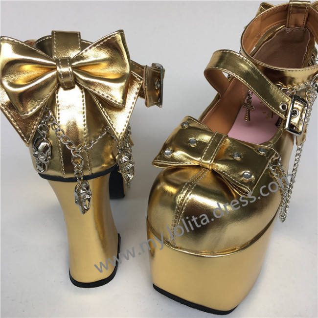 Glossy Golden Lolita High Platform Shoes with Metal Chains