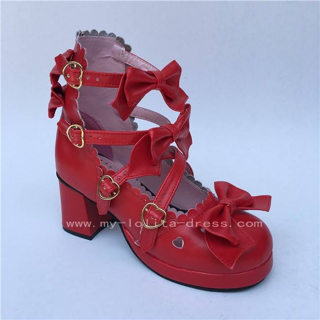 Sweet Wine Lolita Square Heels Shoes with Bowknots
