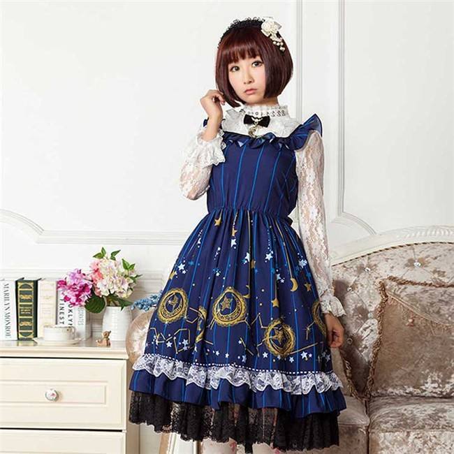 Vintage Dark Blue Stars & Moons Printed Lolita JSK